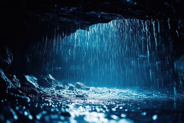 Mystical cave waterfall gracefully cascading in the heart of nature during a tranquil evening