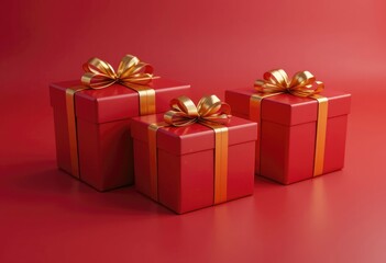 Obraz premium Red Gift Boxes with Golden Bows on Matching Red Background