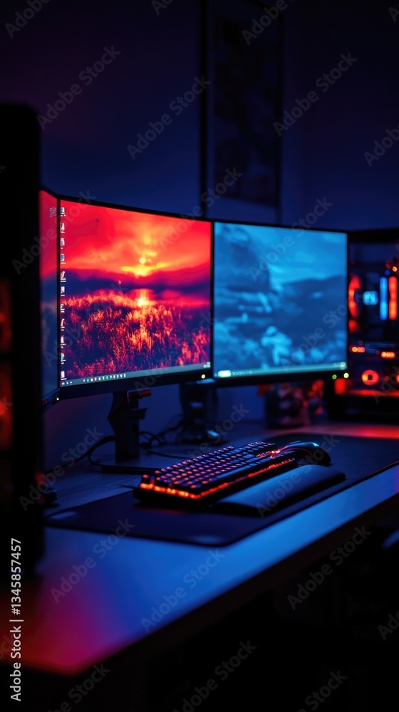 Poster A person working at a computer desk with two monitors and a keyboard