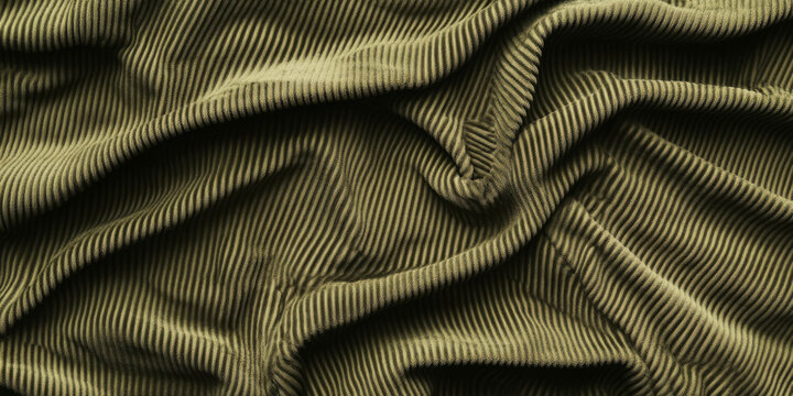 A classic corduroy fabric texture background in deep olive green. The visible parallel ridges, velvety surface, and slightly worn texture evoke a retro, casual, and stylish appeal, perfect for vintage