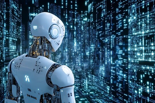 Robot in Digital Cityscape.