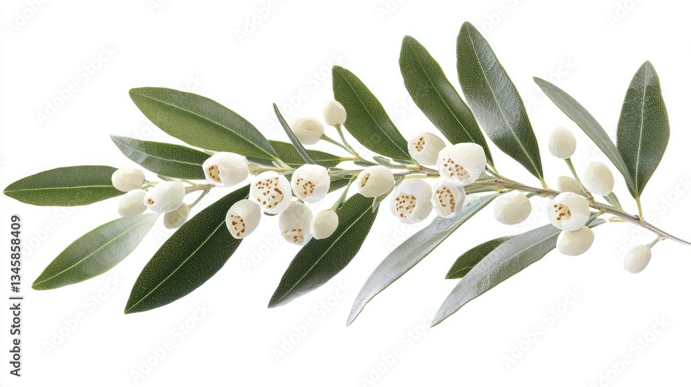 Poster a close up image of a branch with leaves and blooms