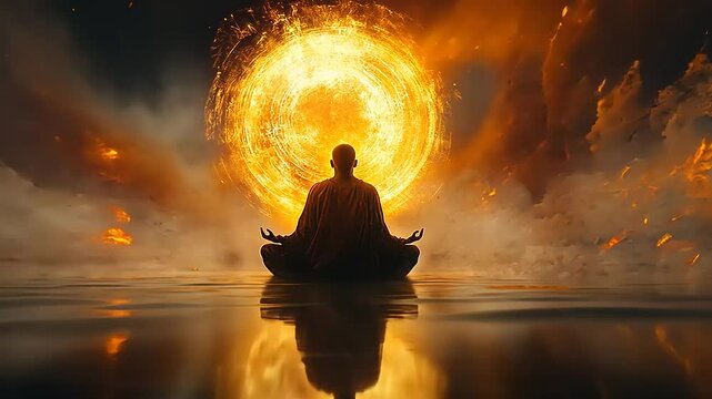 Serene Meditation Amidst Fiery Cosmic Background