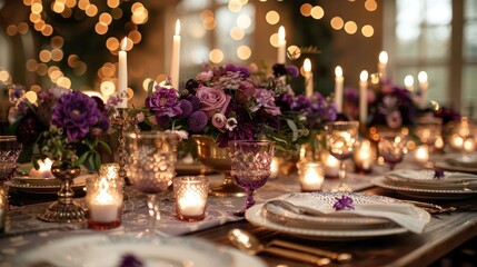 Elegant dinner table adorned with purple flowers, candles, and soft lighting for a celebration