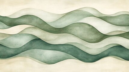 Abstract watercolor illustration with flowing green waves creating a calming and dynamic visual effect on a light background