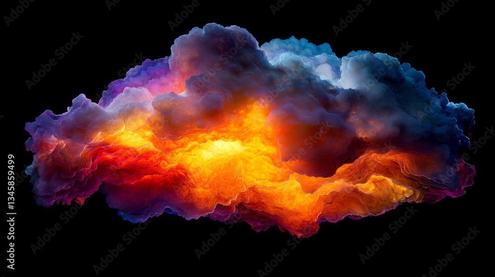 Poster dramatic abstract cloud with vibrant colors displaying fiery hues and soft textures set against a bl