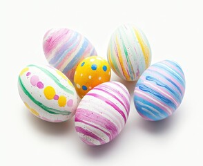 Obraz premium Colorful Painted Easter Eggs with Vibrant Swirls and Dots Set Against a Soft White Background for Spring Celebrations and Festive Decor