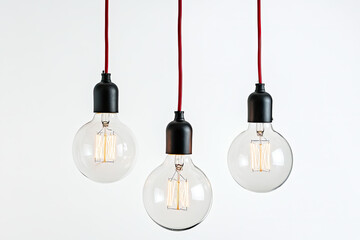 Three pendant lights with red cords, black holders and clear glass bulbs.