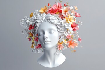 3D rendering of a classical head sculpture with colorful flowers isolated on gray background.