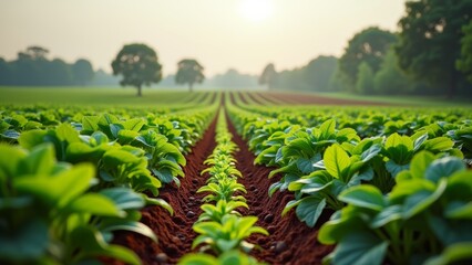rows of young plants in a field