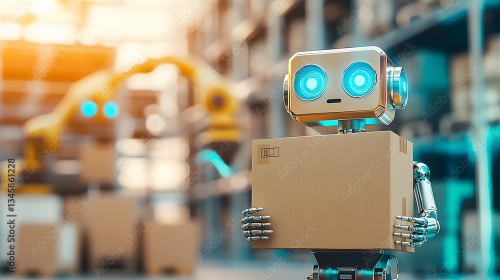 Poster futuristic robot transporting package in automated warehouse