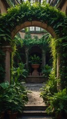 Archway surrounded by lush greenery in an indoor setting, evoking vibrant atmosphere and architectural beauty