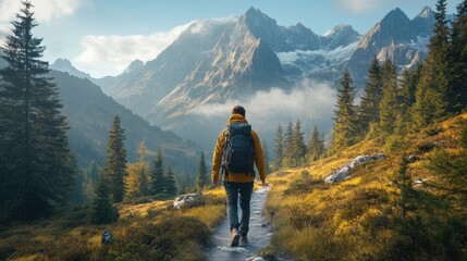 A person hiking in a mountain trail, adventurous and determined, scenic view