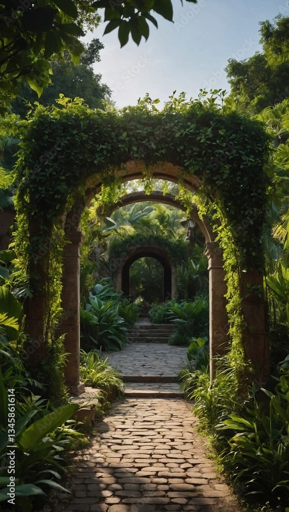 Poster archway surrounded by lush greenery, creating a warm and inviting atmosphere with nature as the foca