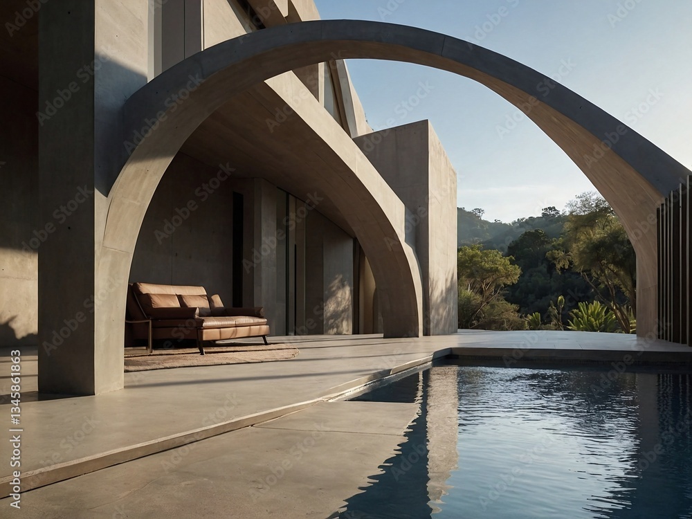 Poster archways leading to tranquil spaces, designed with minimalist architecture and an indoor environment