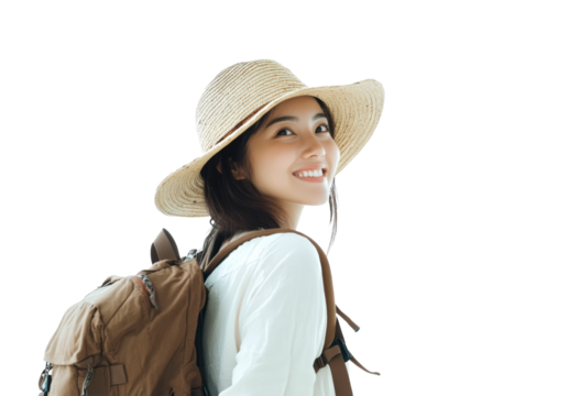 Young asian woman enjoys outdoor adventure with backpack and hat isolated on transparent background