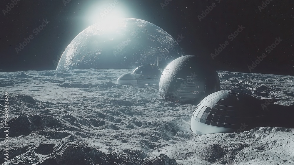 Aufkleber futuristic space base with large planet in the distant background