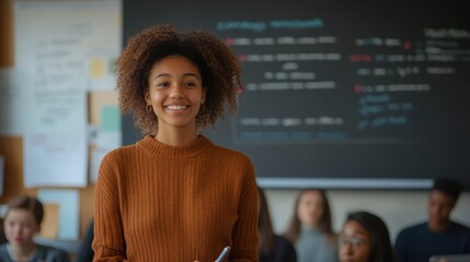 A student giving a presentation to a class, confident and articulate, educational setting