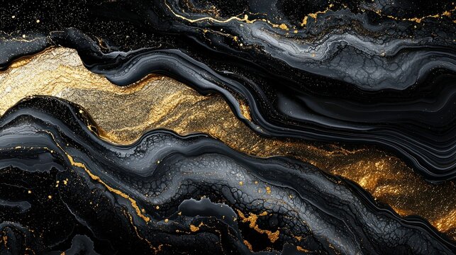 Abstract Flowing gold and black textures create an elegant, swirling pattern