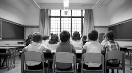 Fototapeta premium A black and white photograph shows children seated at desks in a classroom. The composition captures a classic classroom atmosphere, highlighting the backs of the children as they engage in learning.