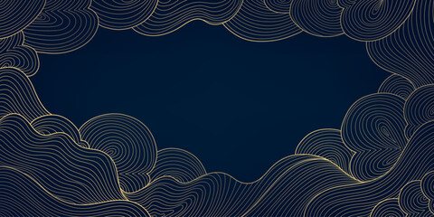 Vector line japanese pattern, golden cloud on dark blue background. Wave art, chinese ornament, elegant sky frame. Vintage swirl curve backdrop.