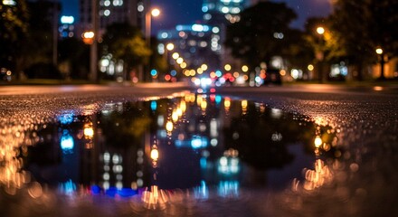 Fototapeta premium City Lights Reflecting in a Puddle on Wet Street at Night