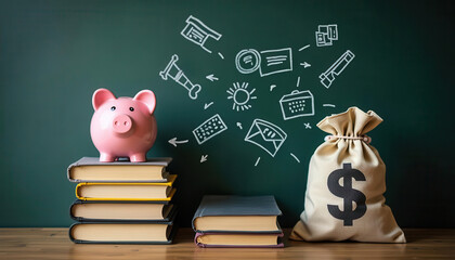 Creative image of a piggy bank, books, and money bag representing finance concepts.