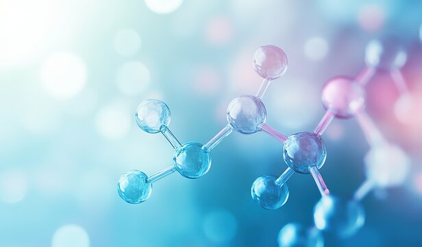 Abstract molecular structure with interconnected atoms in light blue and pink gradient, soft blurred background for science education concepts, medical research presentations, or technology infographi