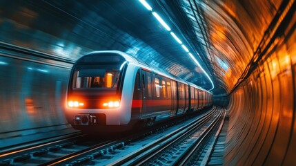 Naklejka premium A subway train traveling through a tunnel, underground transportation concept, urban landscape