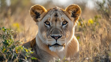 Naklejka premium A close-up of a lion is face, majestic and powerful, wildlife photography