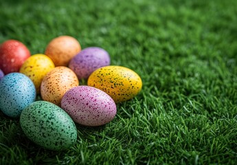 Colorful speckled eggs scattered on vibrant green grass, perfect for spring celebrations and Easter festivities, creating a festive and cheerful scene