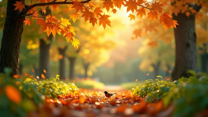 Selbstklebende Fototapeten A serene autumn scene with a bird amidst fallen leaves © BELLAMKONDA