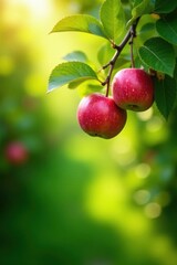Two ripe red apples hanging from a branch, bathed in sunlight against a softly blurred green background, showcasing the vibrant colors and textures of nature's bounty