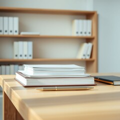 Workspace with books and a pen on a wooden table