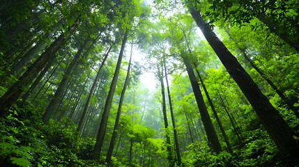 Fototapeta premium Lush Green Forest Canopy With Tall Trees Reaching Toward Bright Sunlight Through Dense Foliage