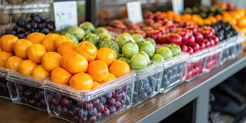 Obraz premium Colorful fresh fruits and vegetables displayed in plastic containers on store shelf. Assorted produce including oranges, tomatoes, plums, grapes in retail environment. Close up view.