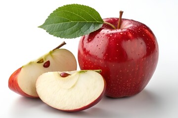 Fresh Shiny Red Apple with Leaf and Crisp Slice in Close-Up