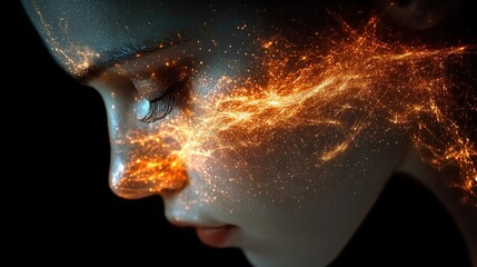 Fiery Sparkles Woman Face Art Abstract Design