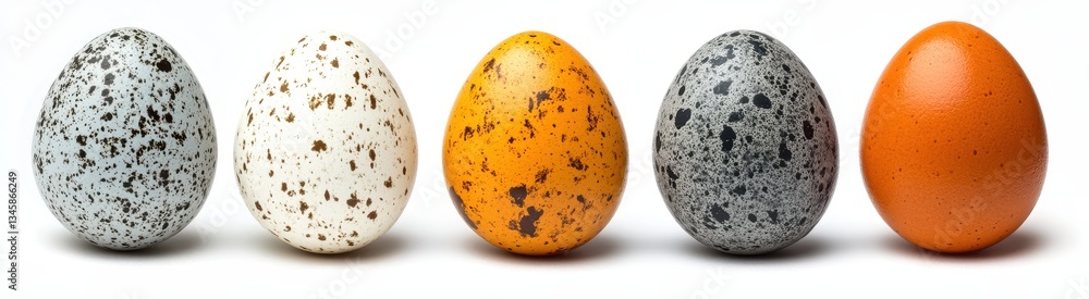 Poster colorful variety of quail eggs displayed on a white background showcasing unique patterns and textur