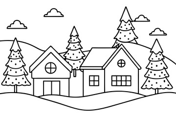 christmas charming countryside line art silhouette vector illustration