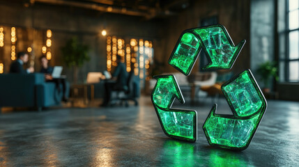Eco-friendly office interior with a glowing green recycling symbol in the foreground, modern workplace design with sustainable elements, greenery, and teamwork concept. Banner. Copy space.