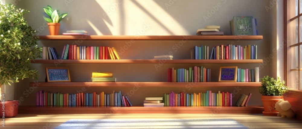 Poster A bookshelf filled with many books, located near a window