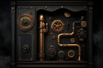 A 3D-rendered steampunk engine with brass pipes, gears, and steam vents, creating a vintage industrial aesthetic