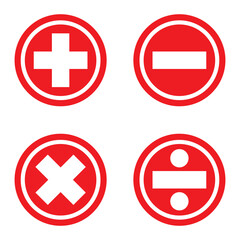 Four Red Math Symbols: Plus, Minus, X, and Divide