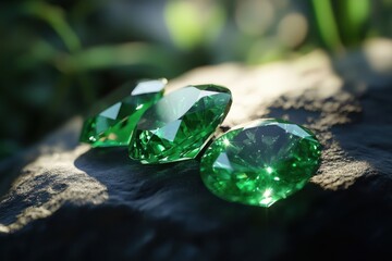 Glistening green gems resting on a sunlit stone surface surrounded by lush greenery in nature