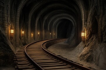 Naklejka premium A Steamrunner adventure map, featuring a sprawling world of interconnected train tracks, hidden underground tunnels, and mechanical landmarks