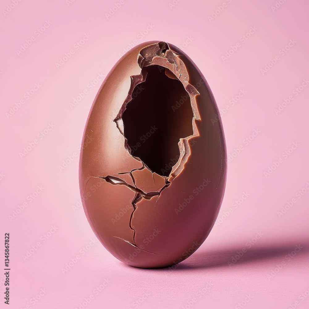Poster cracked chocolate egg on pink background revealing interior with smooth texture ideal for sweet trea