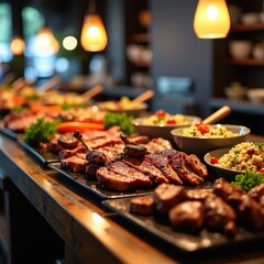 A table of grilled meats and vegetables is served with a side of couscous