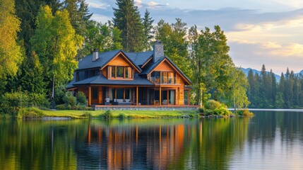 Obraz premium A house with a view of a lake, waterfront property, real estate concept