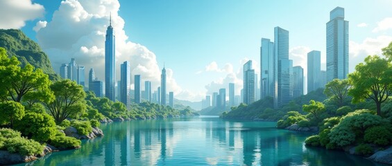 Fototapeta premium A serene lakefront, surrounded by lush trees and a vibrant cityscape